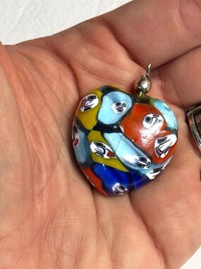 Murano Vintage Multicolored Millefiori Murrine Large Puffy Heart Glass Pendant